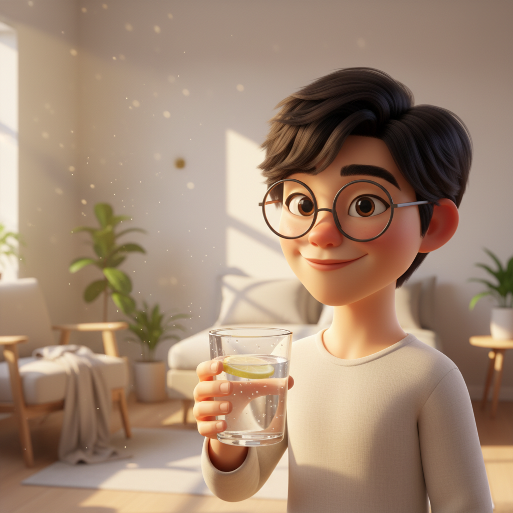 아침에 일어나 가볍게 물을 마시며 상쾌함을 느끼는 모습(해독 다이어트 초기 변화)