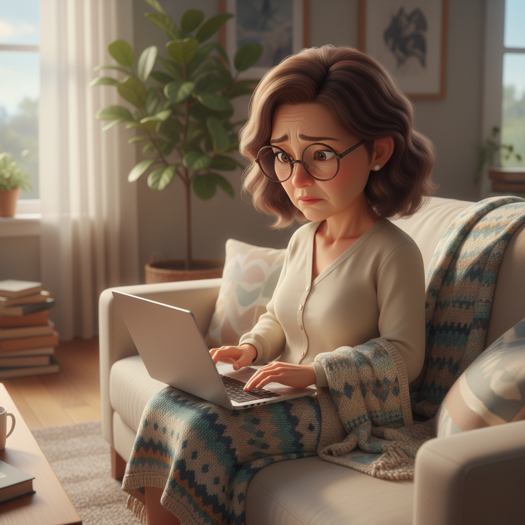 노트북으로 대사 회복 방법을 검색하며 고민하는 중년 여성의 모습