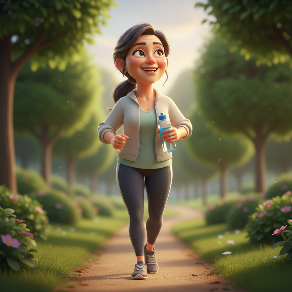 가벼운 몸으로 아침 산책을 즐기며 활력을 되찾은 중년 여성의 모습