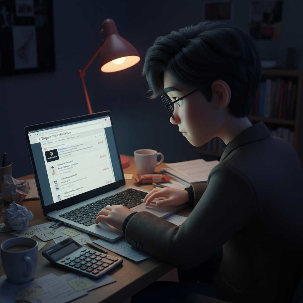 늦은 밤 노트북으로 위고비 처방 가격과 생활비를 계산하며 고민하는 모습