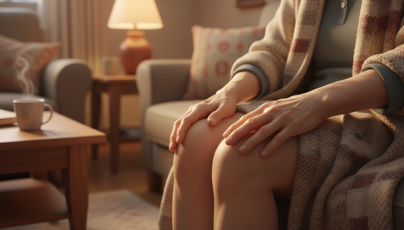 무릎 관절염 통증으로 따뜻한 담요를 덮고 무릎을 마사지하는 어르신