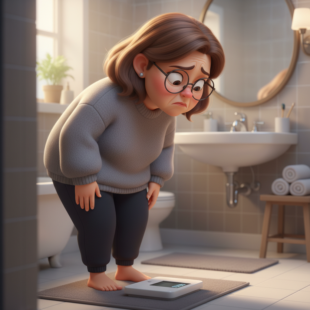 체중계 위에서 요요 없는 다이어트 실패로 좌절하는 여성의 모습