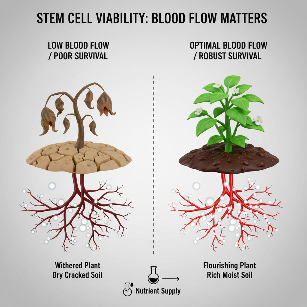 혈류 공급 유무에 따른 세포 생존율 차이