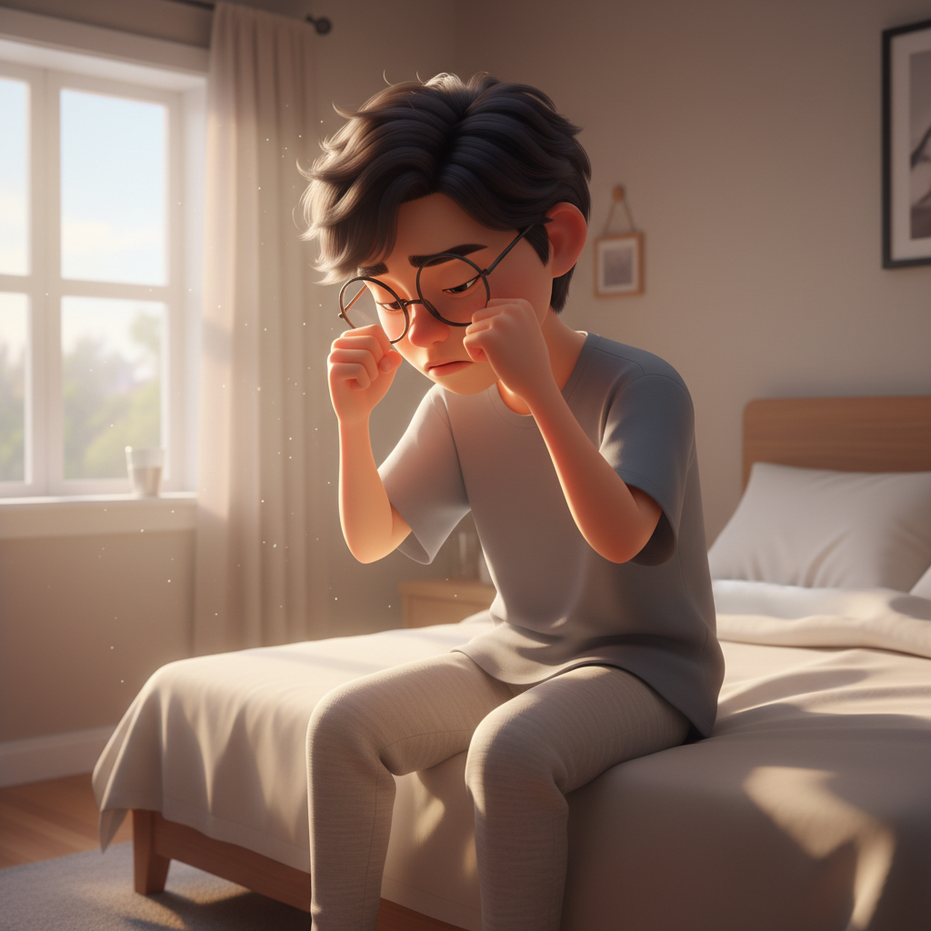 눈 피로 푸는 방법 눈을 찡그린 채 막 일어난 사람