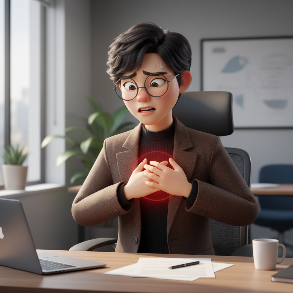 빠른 심장박동을 느끼는 모습 스트레스 몸 반응과 심장