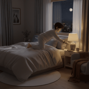 조명 아래 침실 스탠드를 끄며 잠들 준비