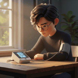 갑작스러운 혈압 수치 변화에 당황하며 혈압 관리 생활습관 개선을 고민하는 모습