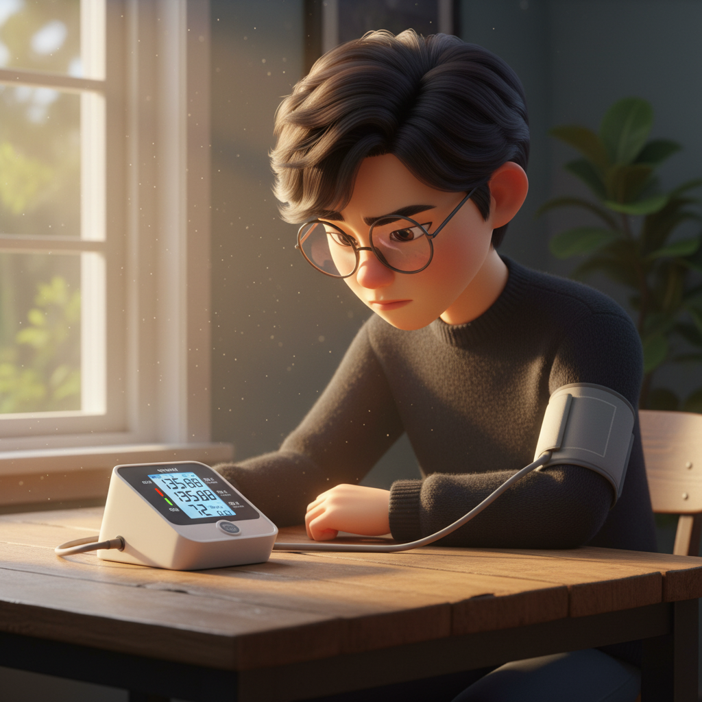 갑작스러운 혈압 수치 변화에 당황하며 혈압 관리 생활습관 개선을 고민하는 모습