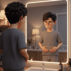 거울 앞에서 체지방 정체로 고민체지방 줄이는 생활습관 관련 상황