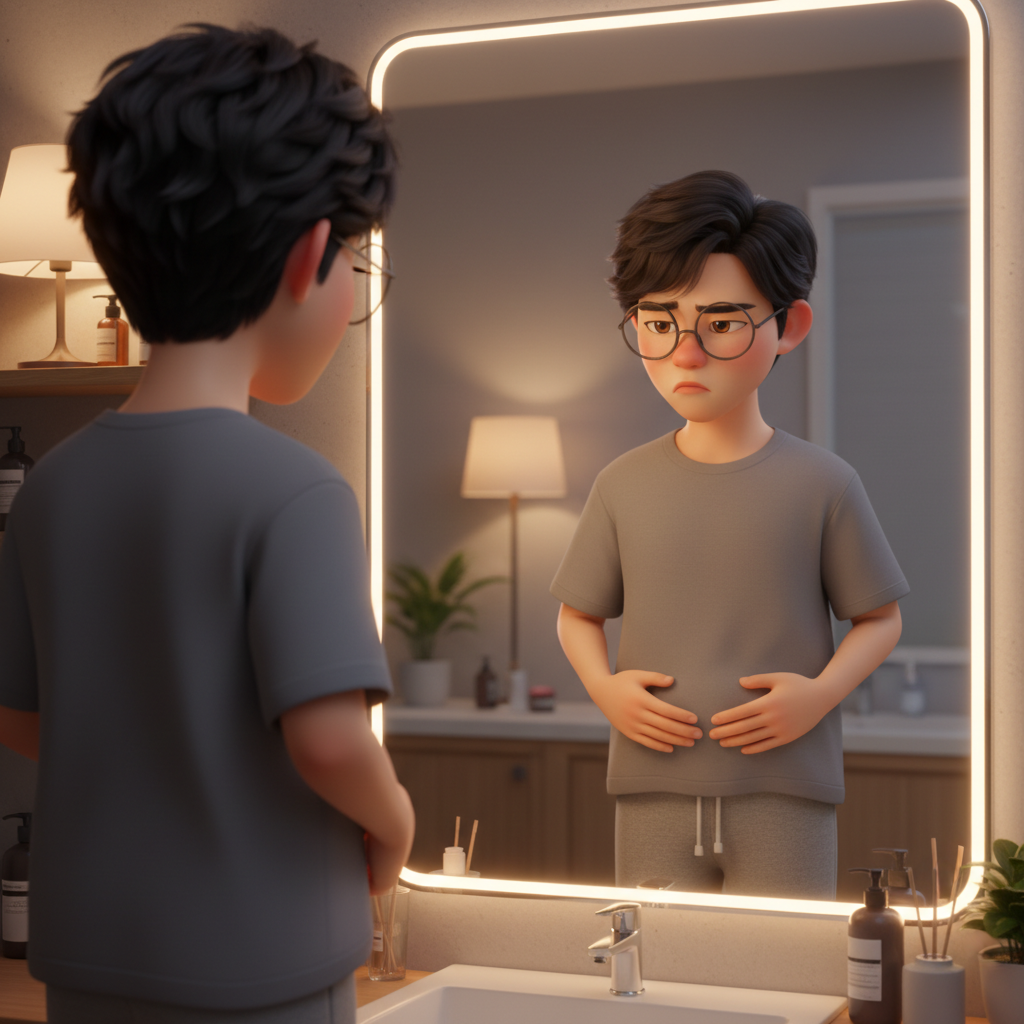 거울 앞에서 체지방 정체로 고민체지방 줄이는 생활습관 관련 상황