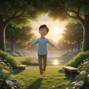 건강한 혈압과 활력을 되찾고 아침 산책을 즐기는 모습