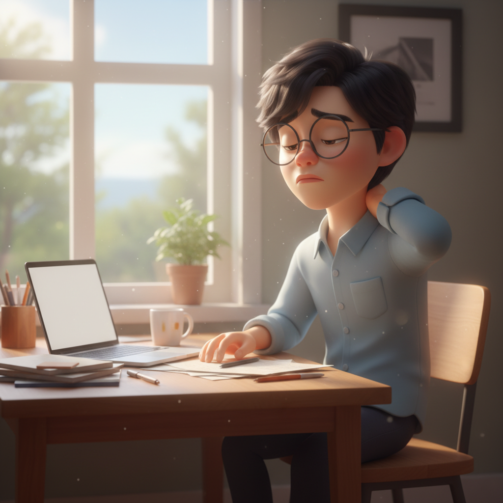 목 뒷부분의 불편함을 느끼며 만지고 있는 모습목 통증 원인