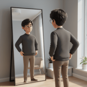 변해버린 체형을 보며 안 빠지는 살 원인을 고민하는 40대 모습