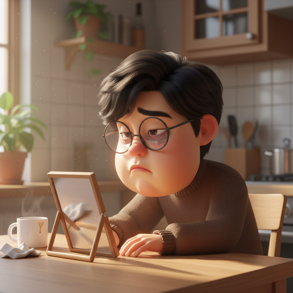 붓기와 피로감을 느끼며 거울을 보는 모습면역력 회복 루틴