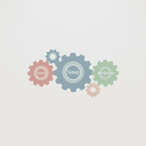 수면 감정 대사가 톱니바퀴처럼 연결되어 있음을 보여주는 호르몬 균형 인포그래픽