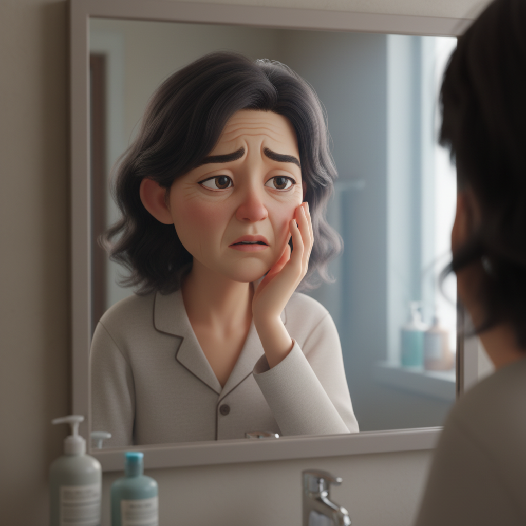 아침에 거울을 보며 면역력 관리 실패 신호를 걱정하는 사람의 모습