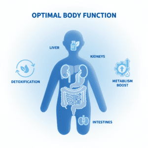 해독과 관련된 간 신장 장의 대사 과정을 보여주는 인포그래픽